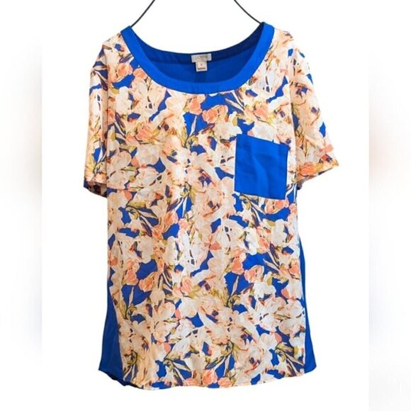 J. Crew Blue Floral Pocket T-Shirt Blouse Short Sleeve Women's size M - Picture 1 of 6